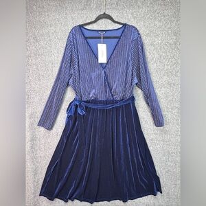 BloomChic Dress Womens 24 Blue Velvet Striped Faux Wrap V-Neck Long Sleeve Party